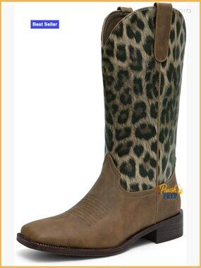 Cowgirl Boots Mid Calf Square Toe Chunky Heel Leopard Print Western Embroidery